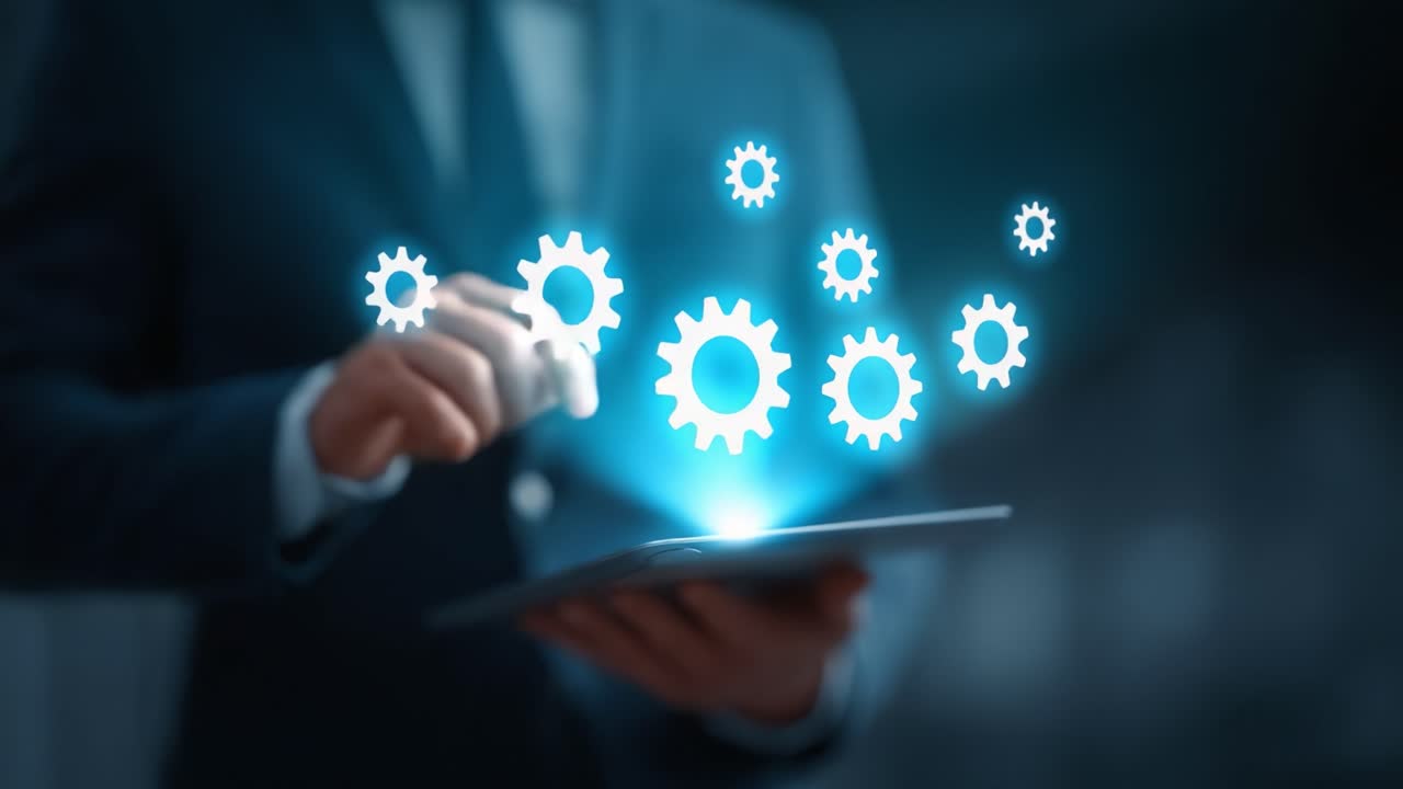 A Business Professional Interacting with Digital Gears on a Tablet, Symbolizing Innovation, Efficiency, and Technological Advancement in Modern Work Processes