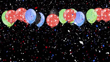 Animation-of-colorful-balloons-flying-and-falling-confetti-over-black-background