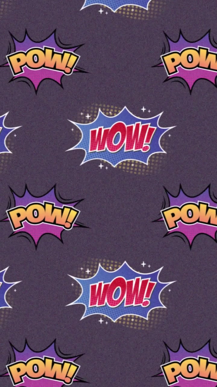 Animazione dei testi 'zap' e 'pow' ripetuti su sfondo grigio