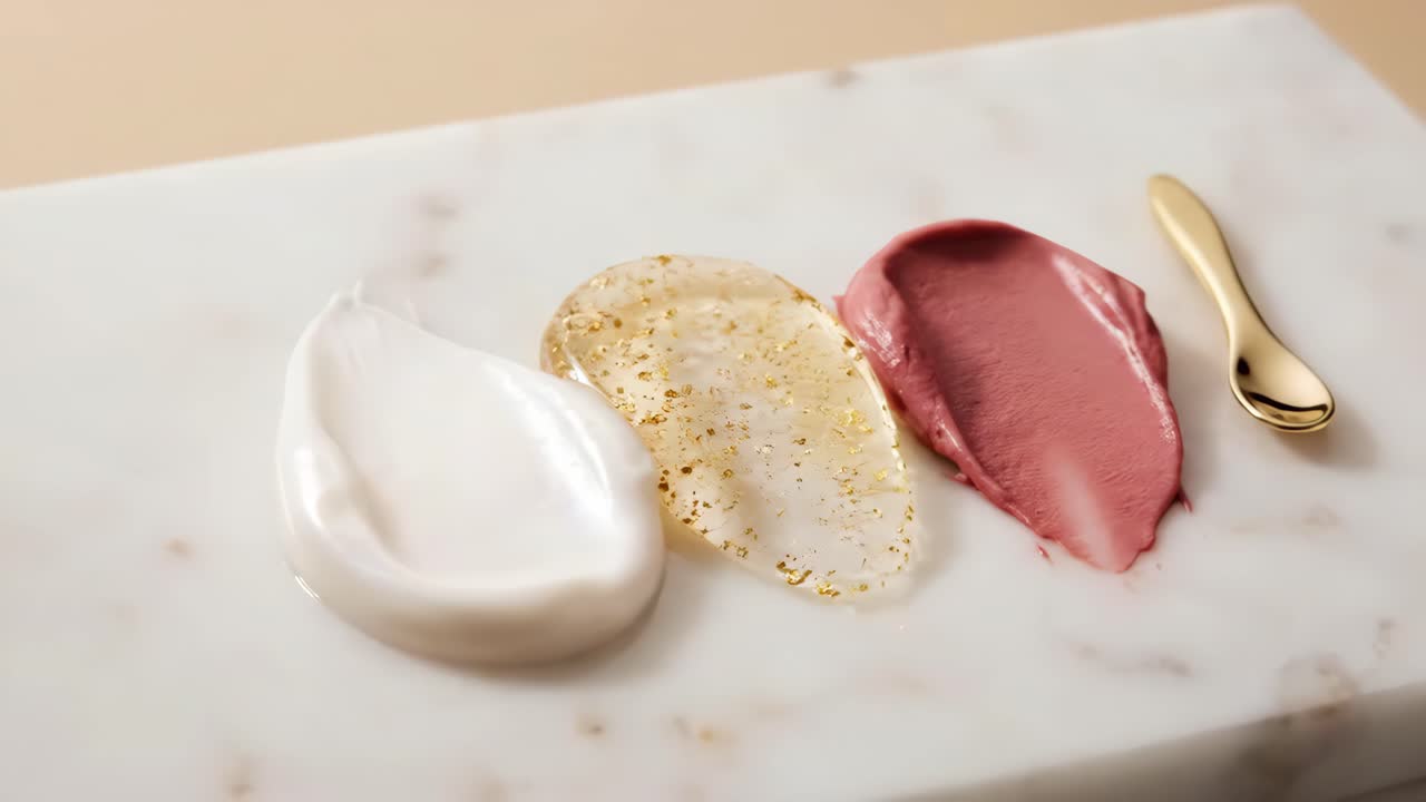 Beauty Product Swatches with Gold Flakes and Liquid Drop on Marble