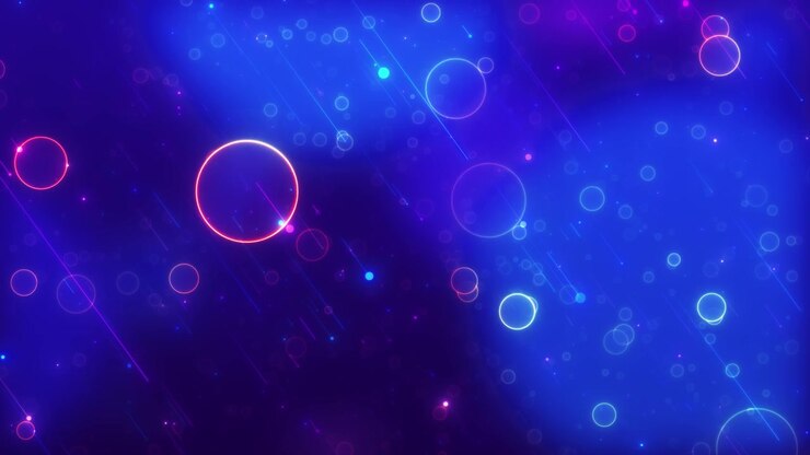 Magenta purple light circles loop with floating bokeh rings blue neon dots and dreamy abstract depth