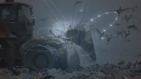 animation of globe spinning over bulldozer in waste disposal site