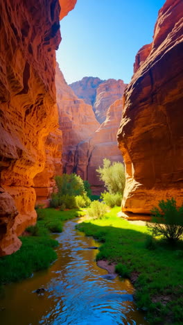 vibrant canyon with flowing stream and lush greenery
