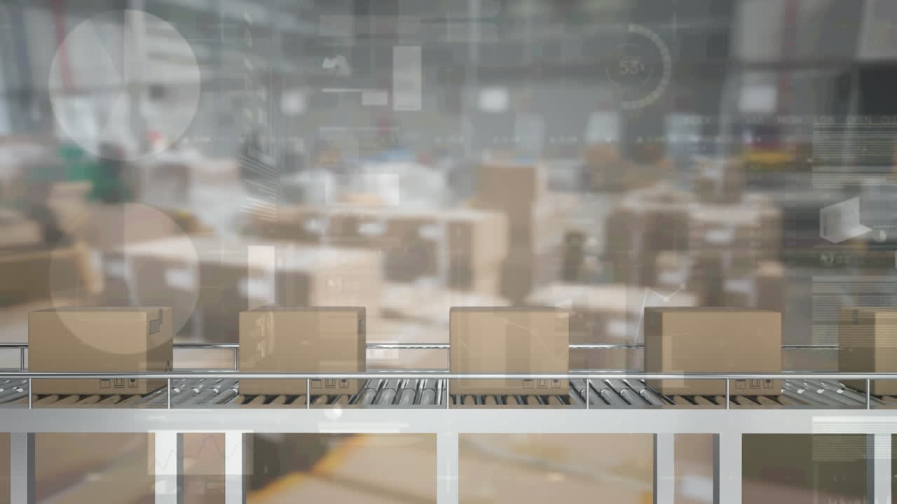 animación del procesamiento de datos financieros sobre cajas de cartón en cinta transportadora