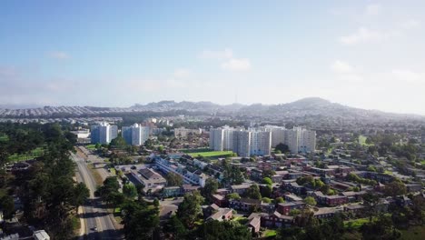 Park-Merced-quad-towers-near-lake-merced-aerial-cinematographic-fly-forward-shot