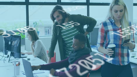 Animation-of-changing-numbers-over-diverse-coworkers-discussing-on-computer-at-desk-in-office