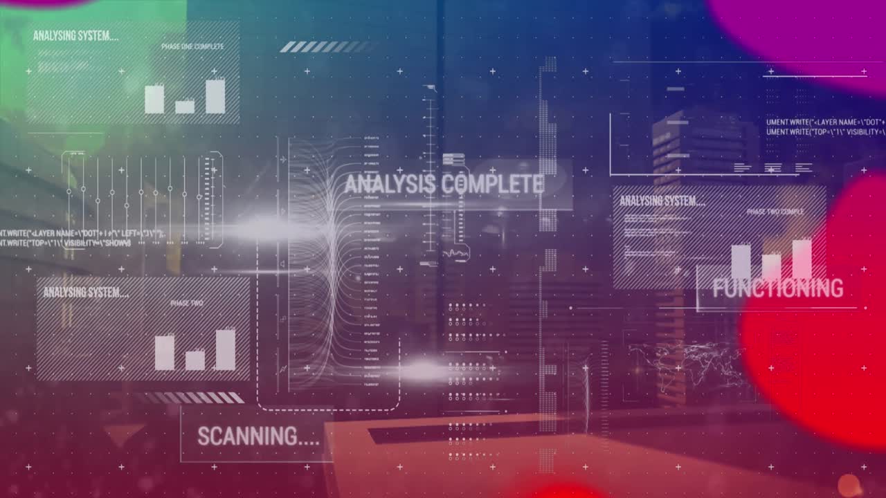 Animation of interface with data processing over liquid abstract shapes against tall buildings