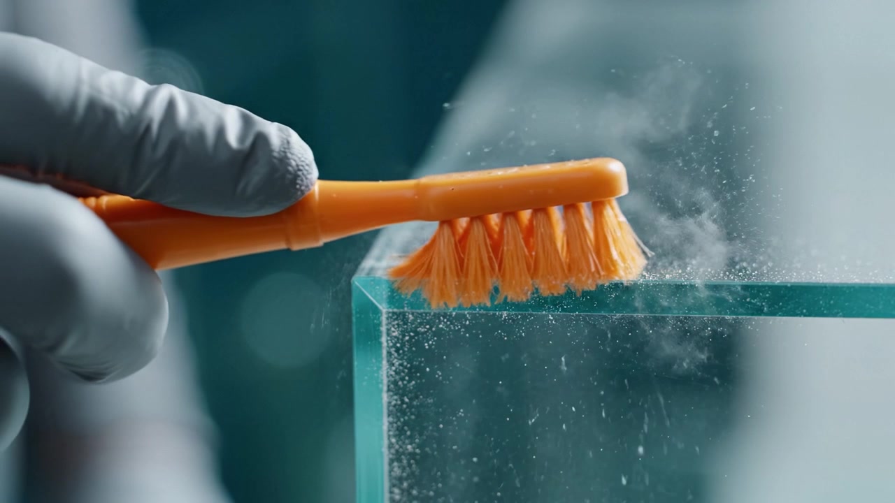 Effective Dust Removal Techniques: Cleaning a Glass Surface with a Brush and Capturing the Fine Particles Dispersing in the Air After Scrubbing
