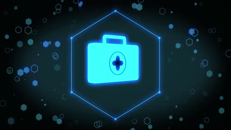 Animation-of-medical-kit-icon-over-hexagons-on-black-background