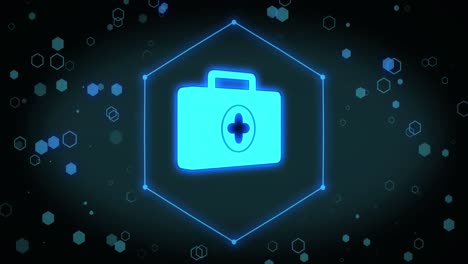 animation of medical kit icon over hexagons on black background