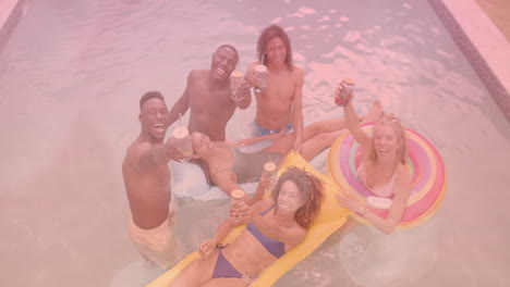 group of friends in pool holding drinks, summer fun animation