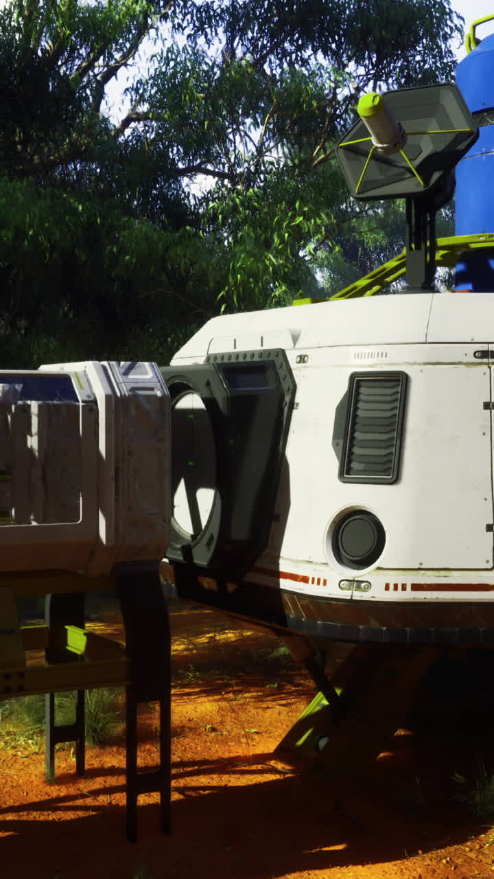 A futuristic spacecraft rests among lush greenery in a vibrant forest