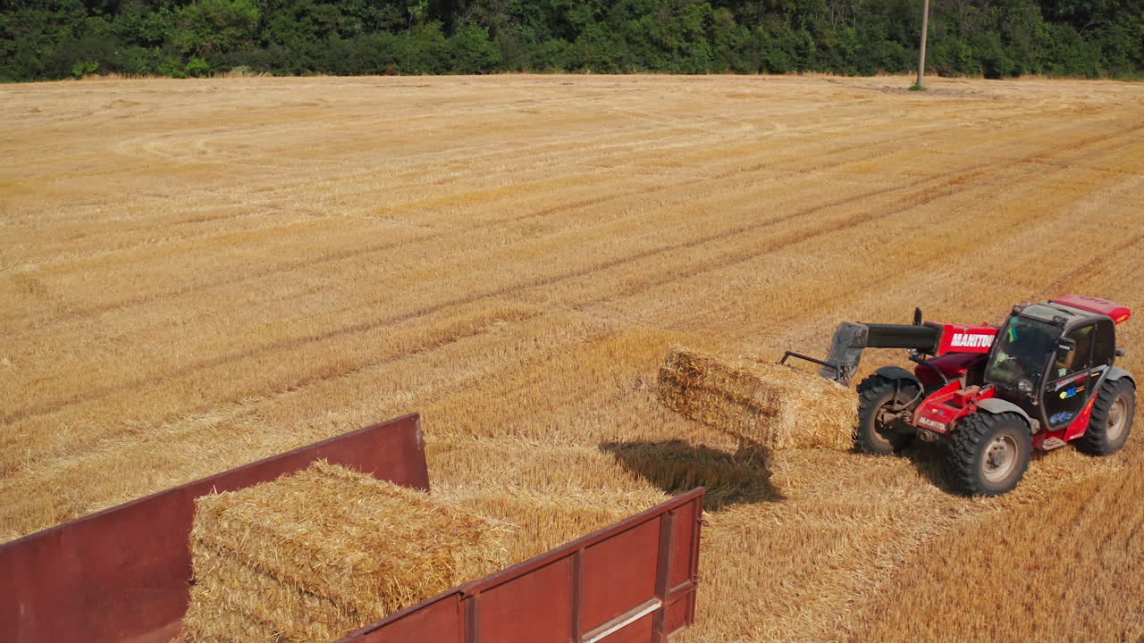 Farm Tractor Baling Hay in Field