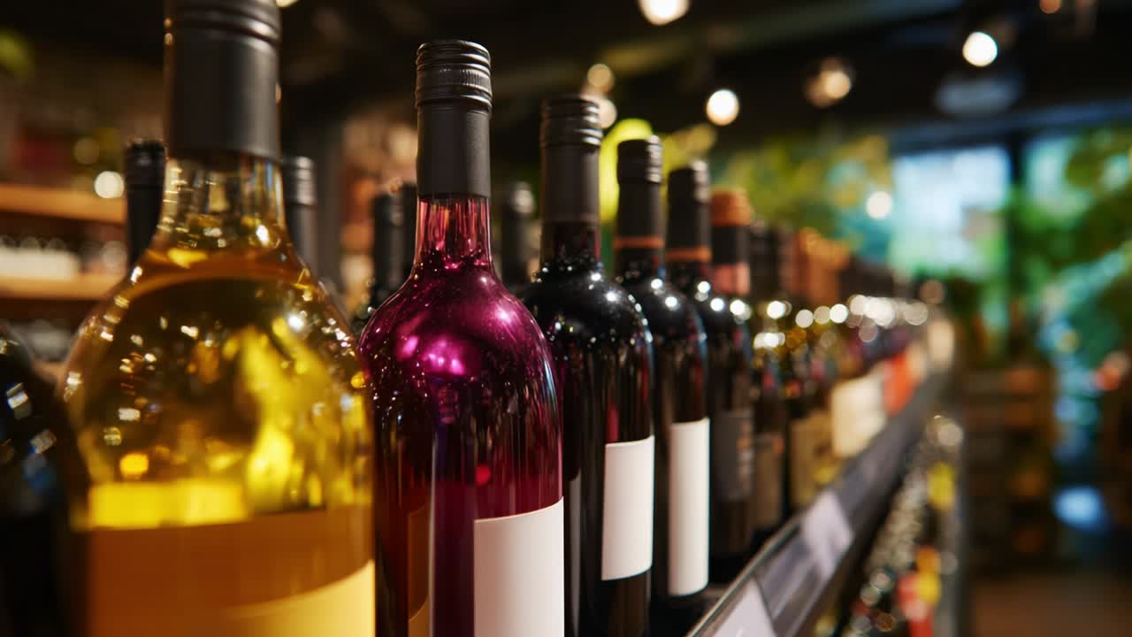 A Vibrant Display of Wine Bottles Showcasing Various Colors and Textures in a Well-Lit Store Environment, Highlighting the Selection of Quality Wines Ready for Purchase and Enjoyment