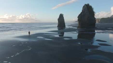 tourist walking on sandy shore with stone pillars during low tide