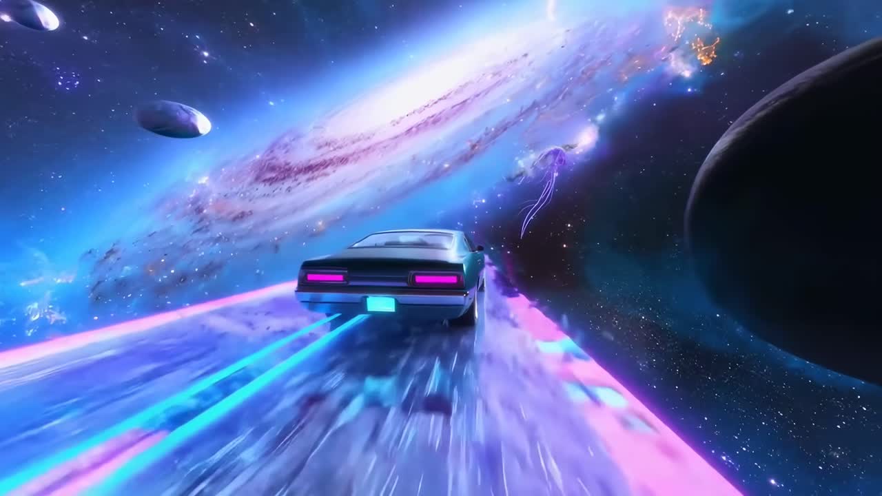 Auto retrò su una strada illuminata al neon nello spazio, angolo basso, stile da videogioco cosmico