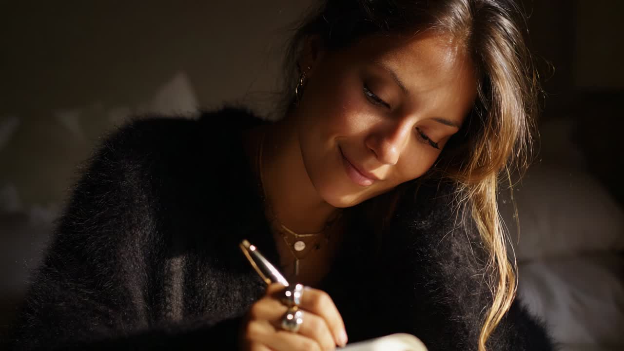 Una donna in un ambiente accogliente, intenta a scrivere pensierosa in un quaderno, che cattura l'essenza della creatività e dell'introspezione mentre riflette sui suoi pensieri e sulle sue idee