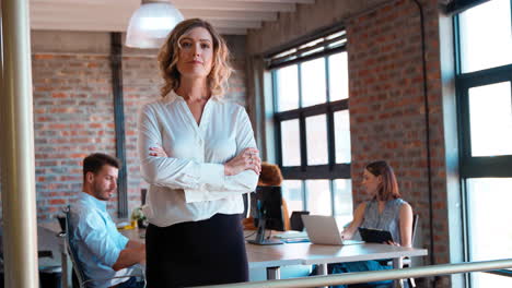 portrait of serious businesswoman in office with colleagues working in background