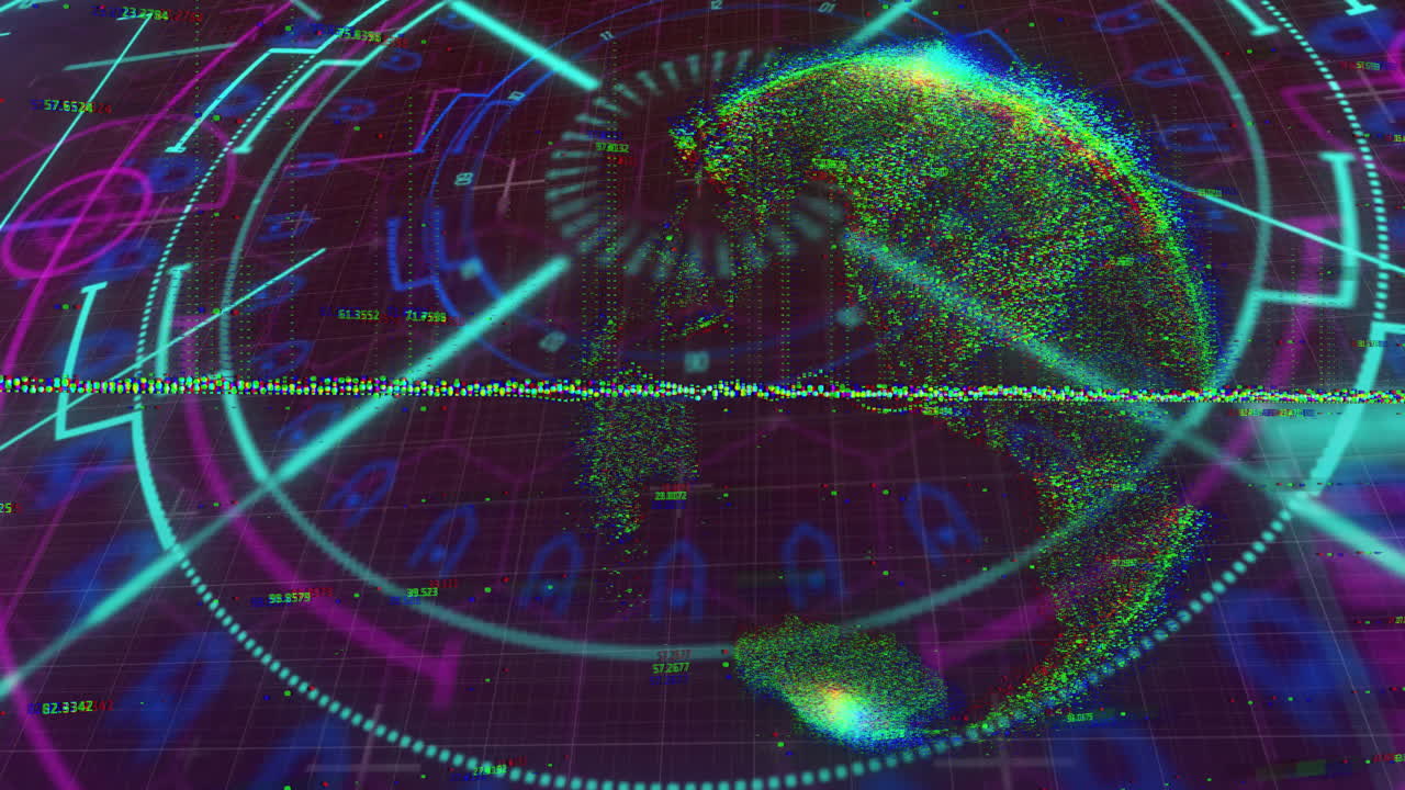 Animation of digital globe with data points and neon grid, futuristic technology