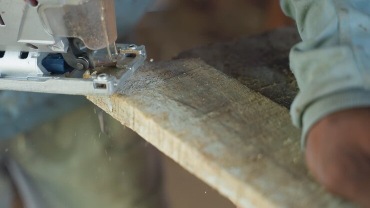 Carpenter carving old wooden board. Skilled artisan meticulously trimming seasoned wood using handsaw. Closeup of craftsman carefully shaping and refining mature wood with careful attention