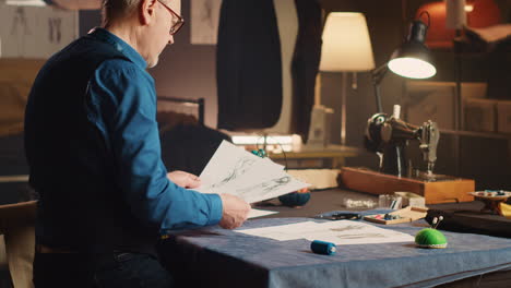 senior tailor examining sketches