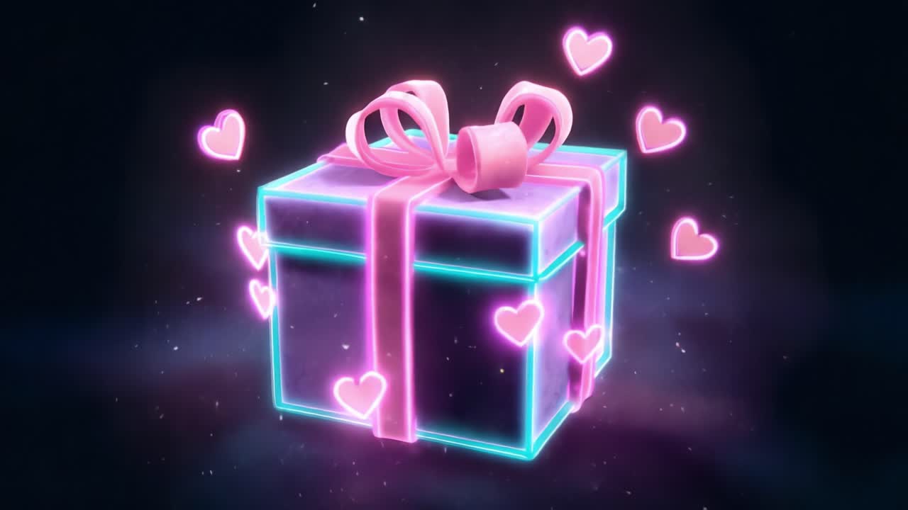 Una confezione regalo luminosa circondata da cuori fluttuanti, perfetta per celebrazioni e occasioni speciali, che irradia amore e gioia, progettata per catturare i cuori e creare ricordi