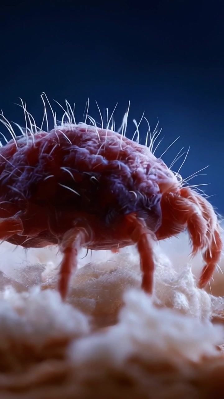 Primo piano intricato di un acaro microscopico che evidenzia le sue caratteristiche e trame uniche su uno sfondo scuro.