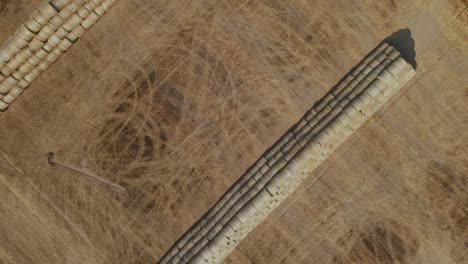 part of the field has been harvested with a combine. the straw is collected in a roll and stacked in a pyramid at the edge of the field. ripe grain field. aerial photography.