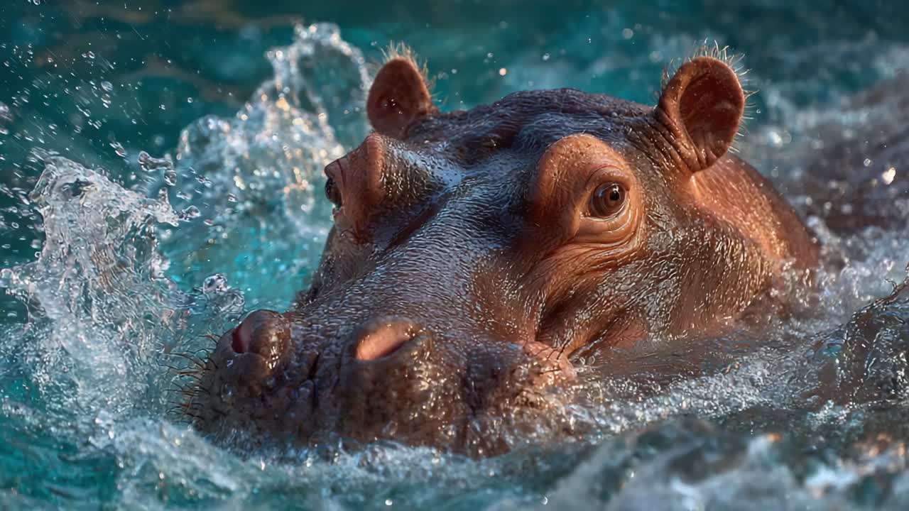 A Hippo Emerges Gracefully from the Water, Surrounded by Splashes as it Takes a Refreshing Swim in Clear Aquatic Habitat, Showcasing Its Powerful Presence and Unique Features