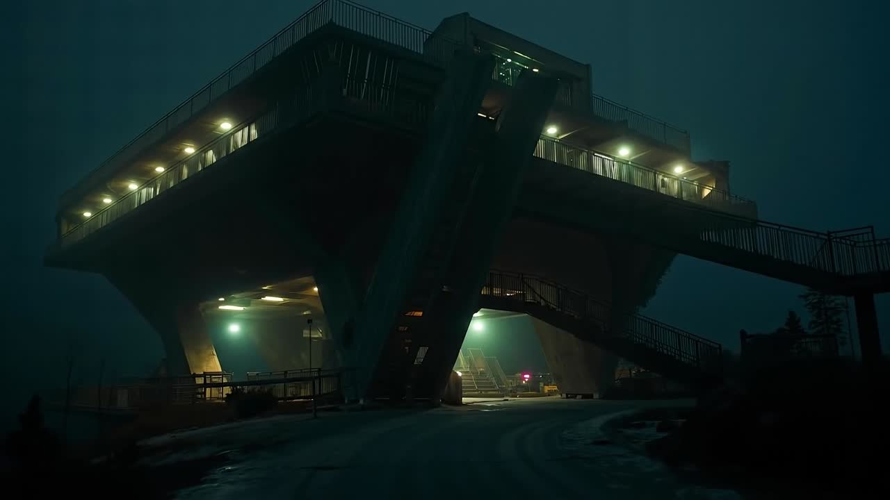 A bridge over a snowy road at night with lights on
