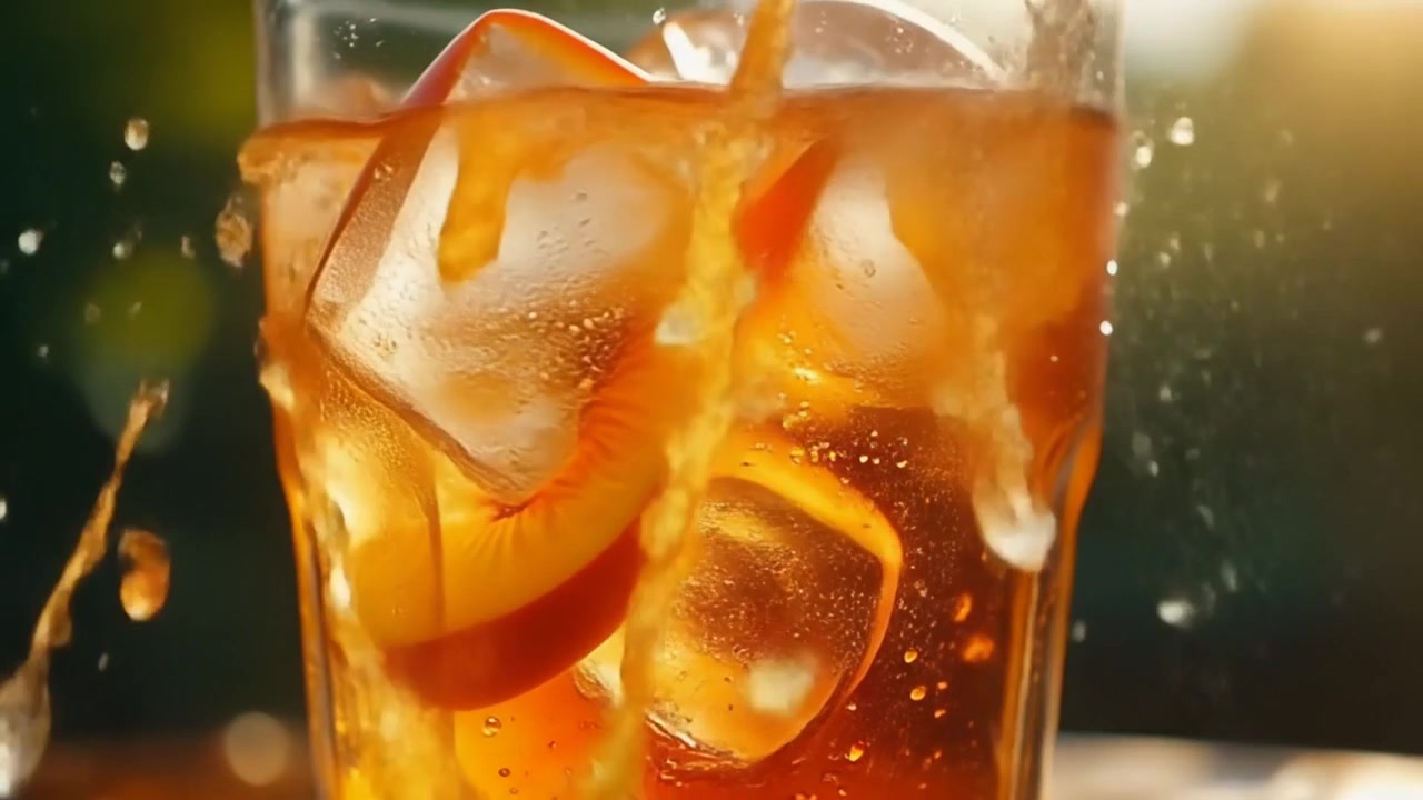 Tè freddo rinfrescante versato in un bicchiere con fette di pesca