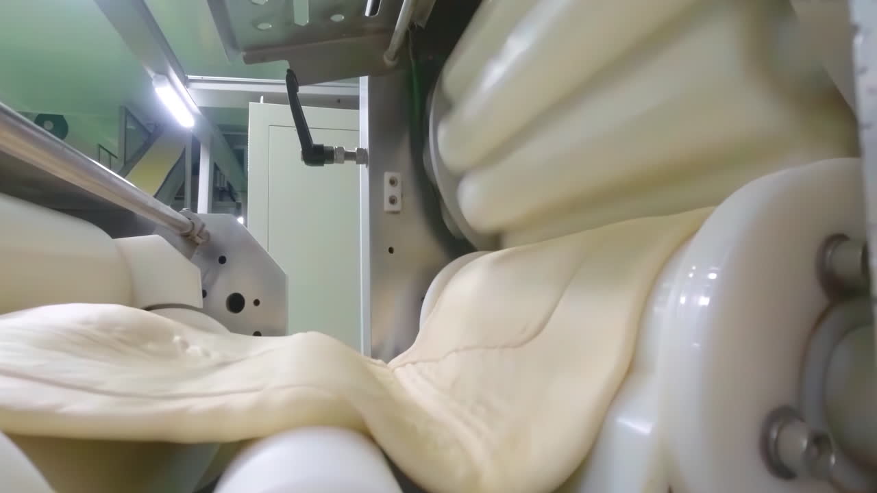 Actual shot of mechanized assembly line rolling out strips of dough leftovers transported by machine conveyor in bakery