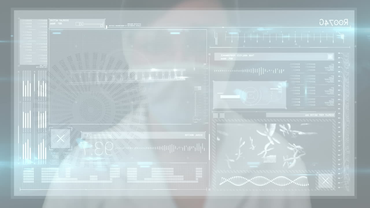 터치 스크린 인터페이스를 사용하여 백인 여성의 애니메이션, 인터페이스에서 차트 데이터 처리