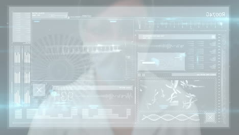 animación de una mujer caucásica utilizando una interfaz de pantalla táctil, con gráficos de procesamiento de datos en la interfaz