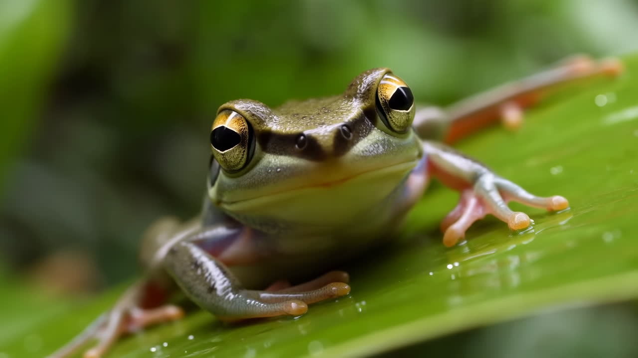 Closeup Tree Frog With Golden Eyes, Wet Skin Detail And Textured Face, Leaf Perch With Dew, Intense Stare Into