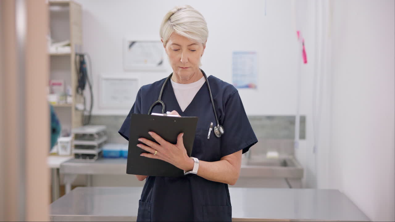 Veterinary, clinic or senior woman writing