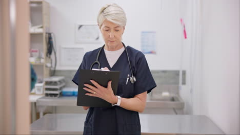 veterinary, clinic or senior woman writing