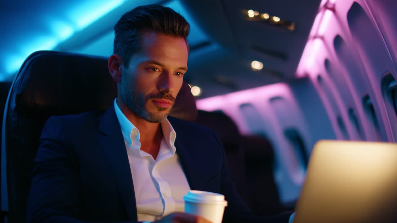 A sophisticated man, relaxed yet focused, engages with his laptop onboard a modern aircraft, illuminated by stylish ambient lighting, enjoying a coffee and absorbed in his work as he travels