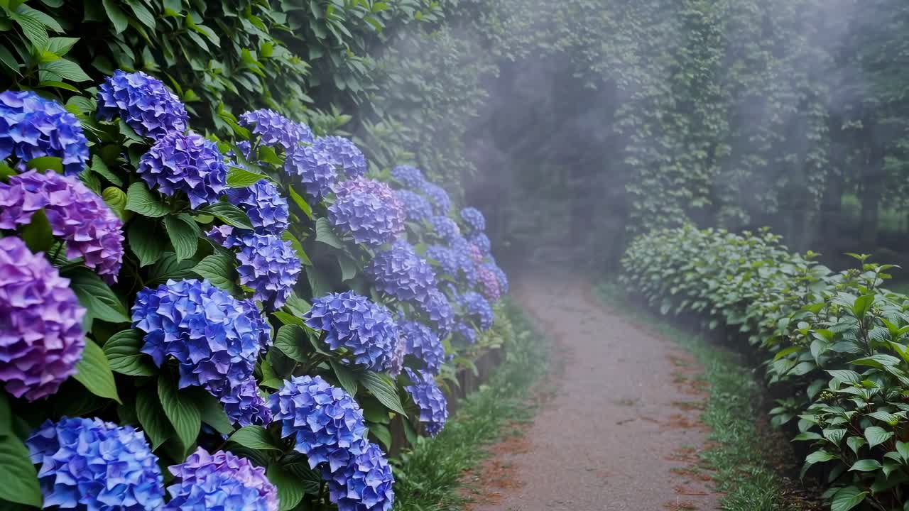 Misty Garden Path Lined with Vibrant Blue and Purple Hydrangeas