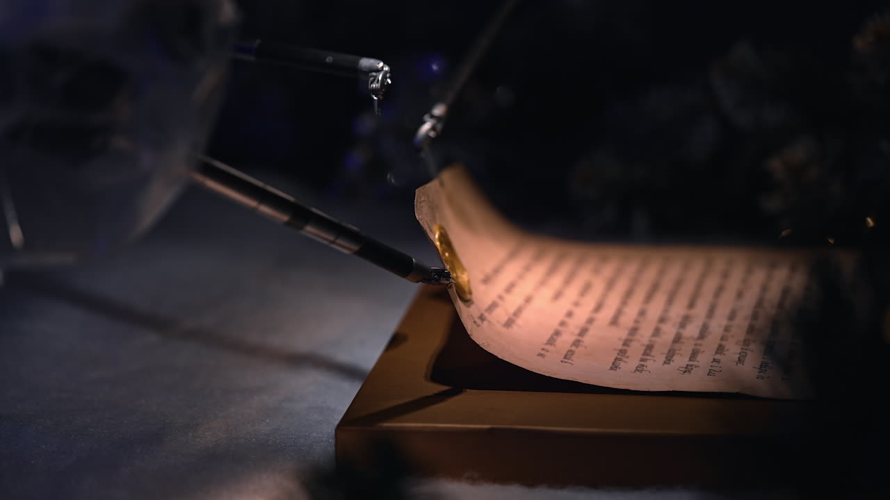 Da Vinci metal forceps take and fold the letter with a seal. Innovative robotic equipment work demonstration in modern surgery room. Dark backdrop. Close up.