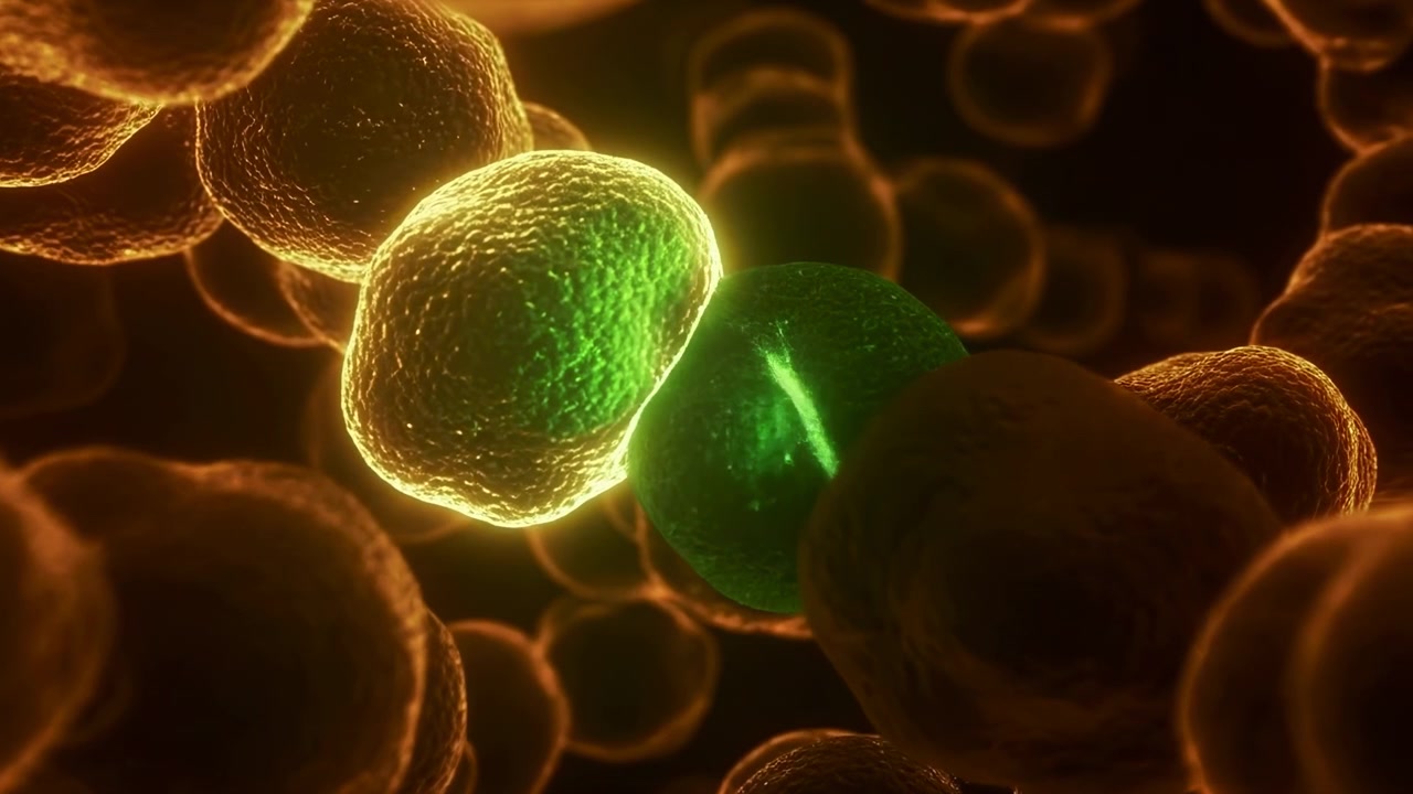Inquadratura ravvicinata di un denso agglomerato sferico di cellule con texture ruvida, bagliore soffuso, profondità stratificata e illuminazione scientifica calda.