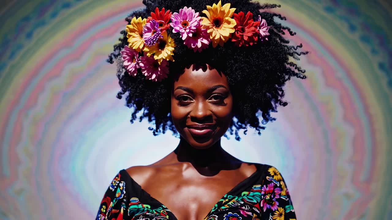 Vivace video ritratto di una donna con una corona di fiori, ripreso da una angolazione bassa