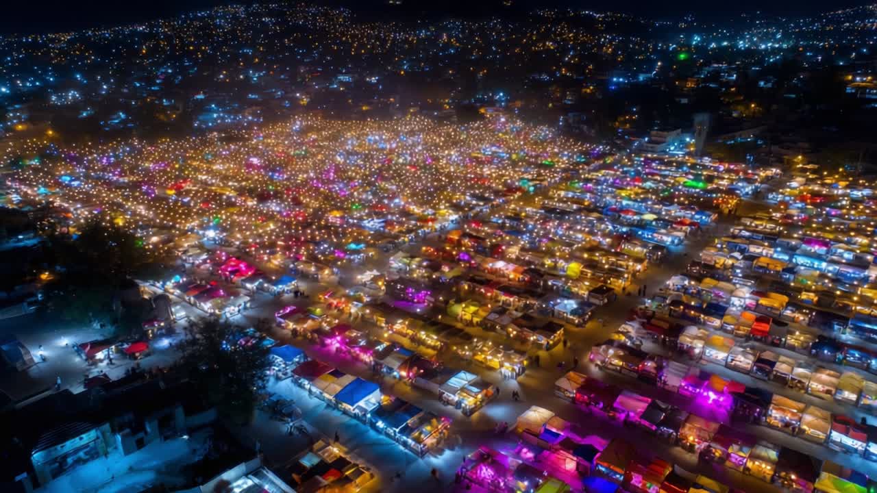 Aerial View of a Vibrant Night Market Filled with Colorful Lights and Crowds, Capturing the Lively Atmosphere of Commerce and Social Gathering Under a Starry Sky
