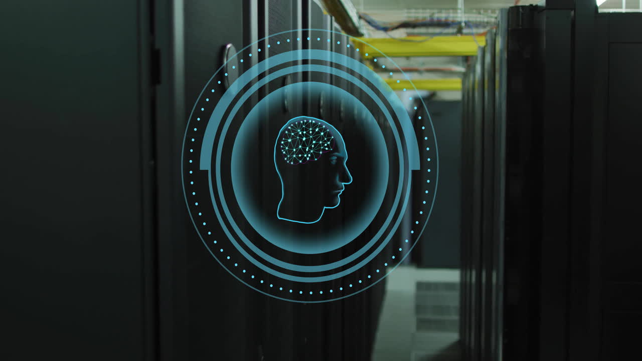 animazione del cervello dell'ai e elaborazione dei dati su server computerizzati