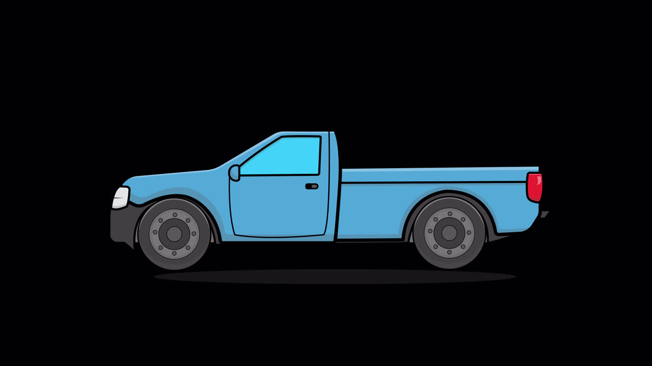 Animazione di un pickup blu in movimento su sfondo nero