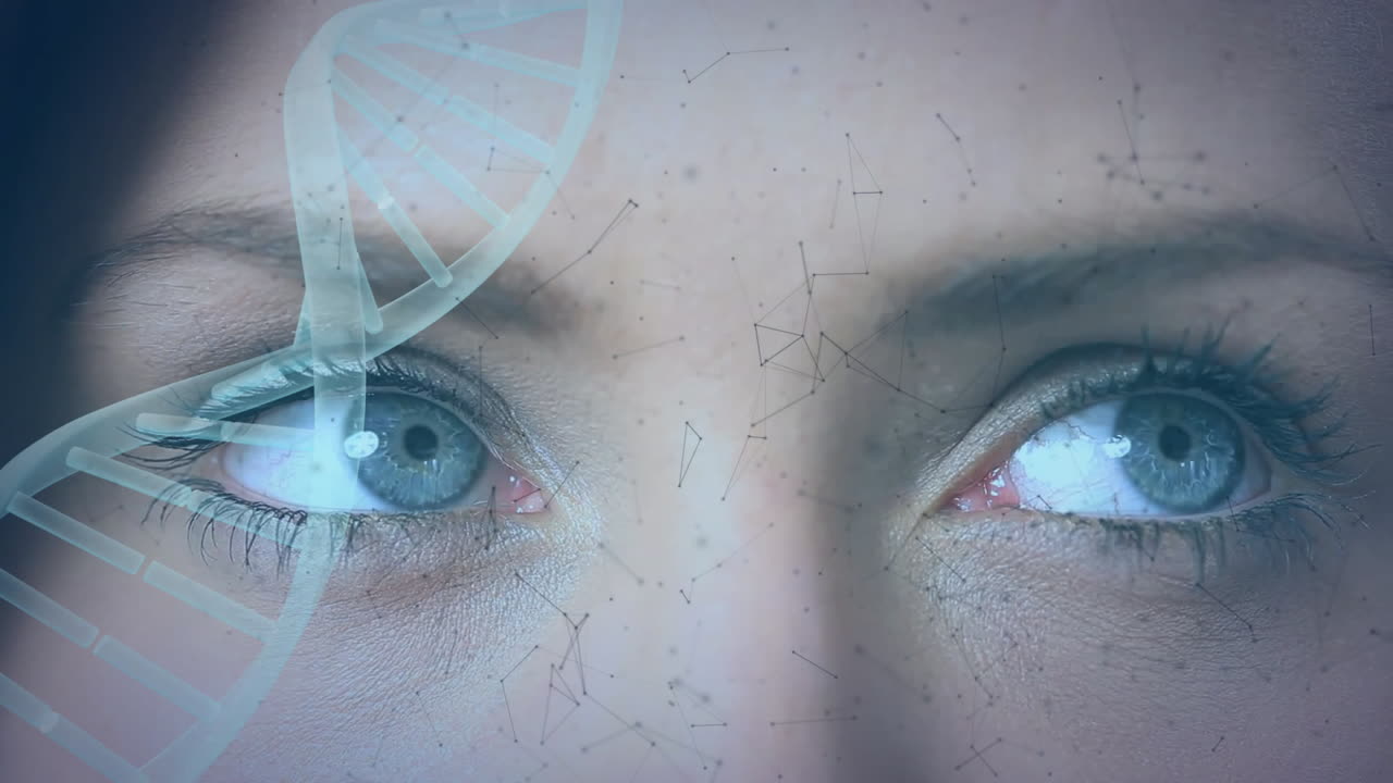 animación de la cara de la mujer caucásica y moléculas sobre la cadena de adn