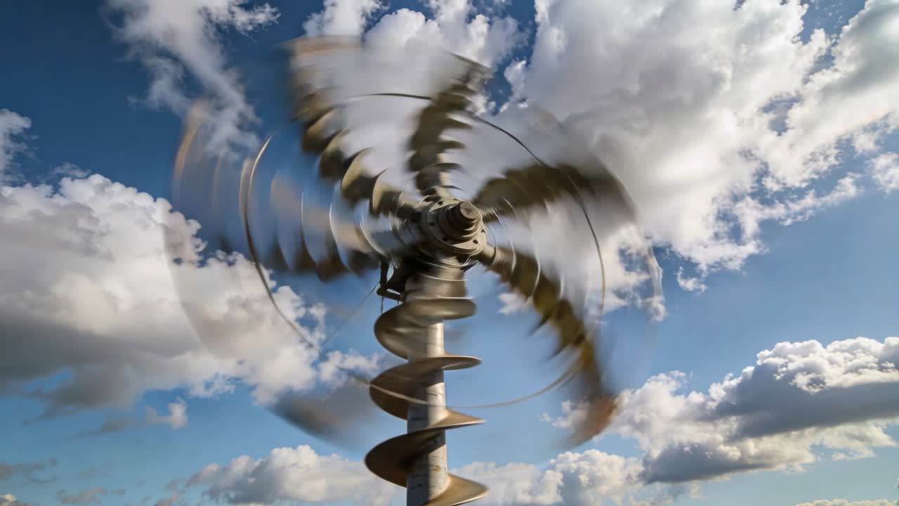 Spinning kinetic sculpture showing blade blur at hub under blue sky, with breeze blowing