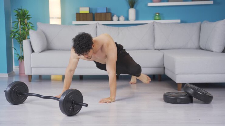 Young athlete doing sports at home exercising.