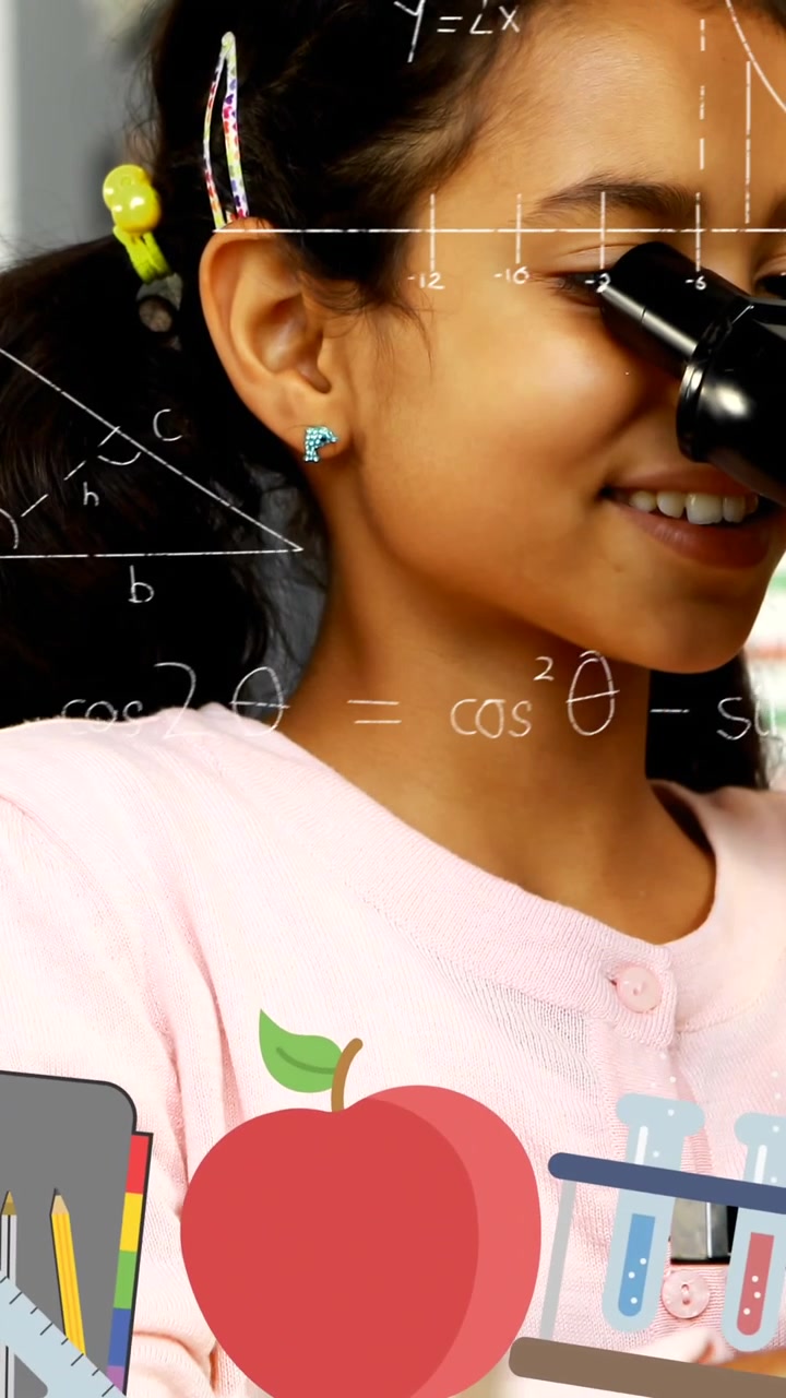 Mathematical equations floating against girl using microscope