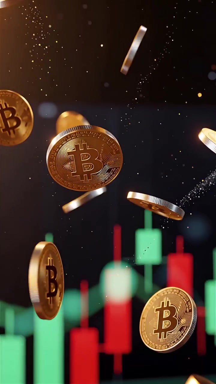 Moedas de Bitcoin douradas com fundo de gráfico de velas desfocado 4K